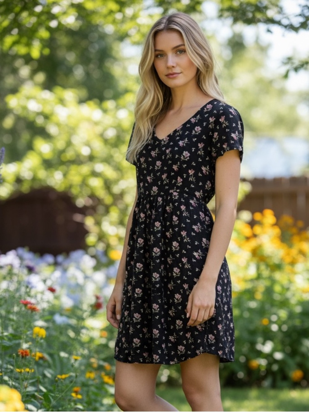Denim & Supply Ralph Lauren Black Floral Babydoll Button Front Mini Dress
